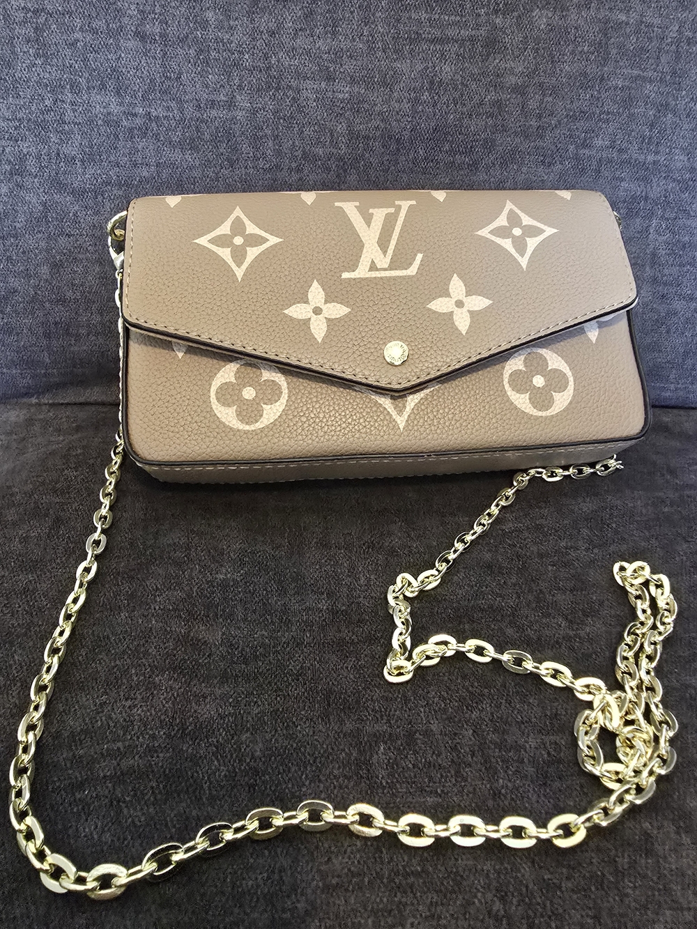 Taupe Monogram Envelope Crossbody with Gold Chain